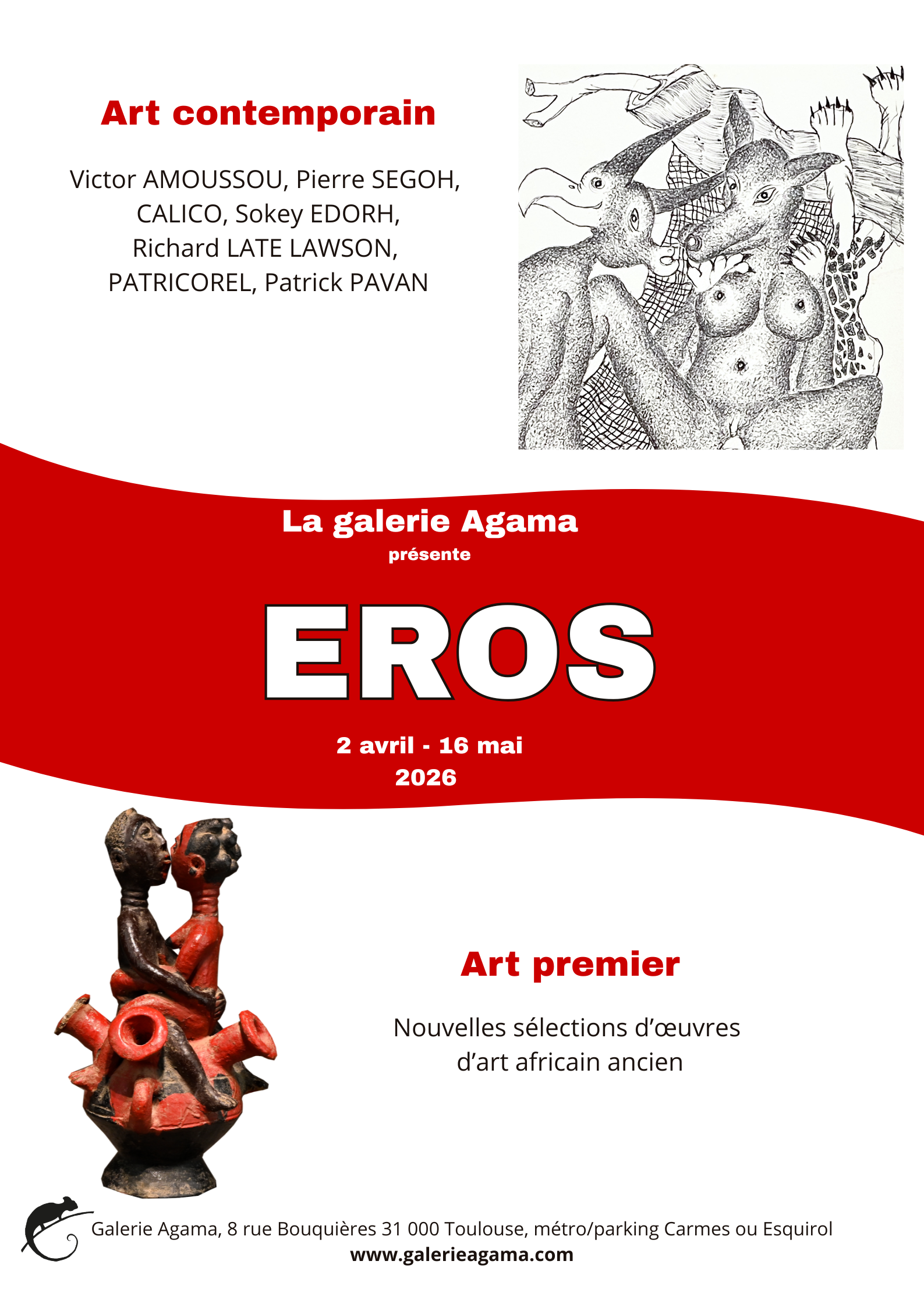 Une affiche promotionnelle pour une exposition d'art contemporain intitulée "EROS" à la Galerie Agama, présentant une œuvre d'art avec des figures humaines et animales, avec des détails en noir et blanc, et une sculpture en rouge et noir à la base.