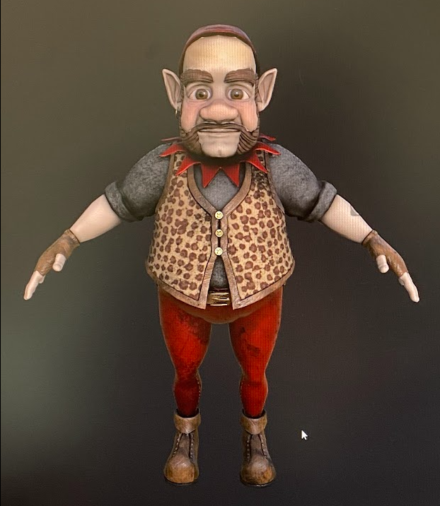 A puppet with elf ears, a beard, and eyebrows, wearing a leopard print vest, red tights, brown boots, and gloves, against a black background.