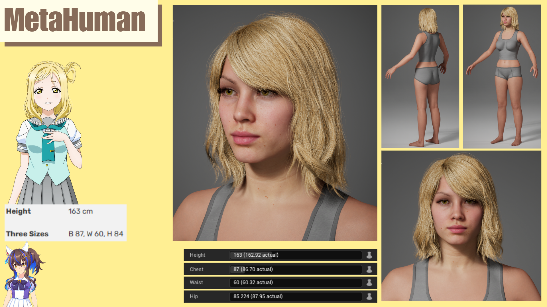 A photoshopped character with blonde hair, green eyes, and a gray tank top, displayed in multiple angles and close-ups. The background is gray. Text on the image indicates her height as 163 cm and three sizes as B 87, W 60, H 84. There are two anime-