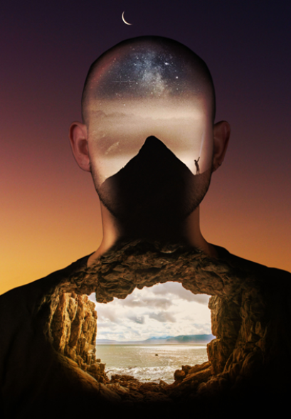 A person with a superimposed landscape of a mountain, sky, and starry night inside their head, with a crescent moon above and desert terrain at the bottom.