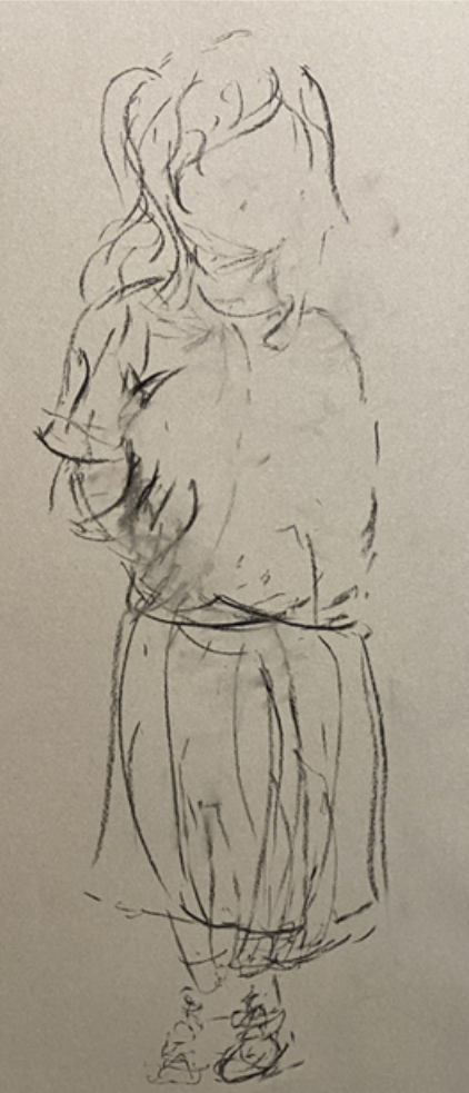 Sketch of a woman with long hair, wearing a top and skirt, standing with her hands behind her back.