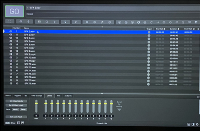 Computer screen displaying a digital audio workstation with a list of sound effect files and audio adjustment controls.