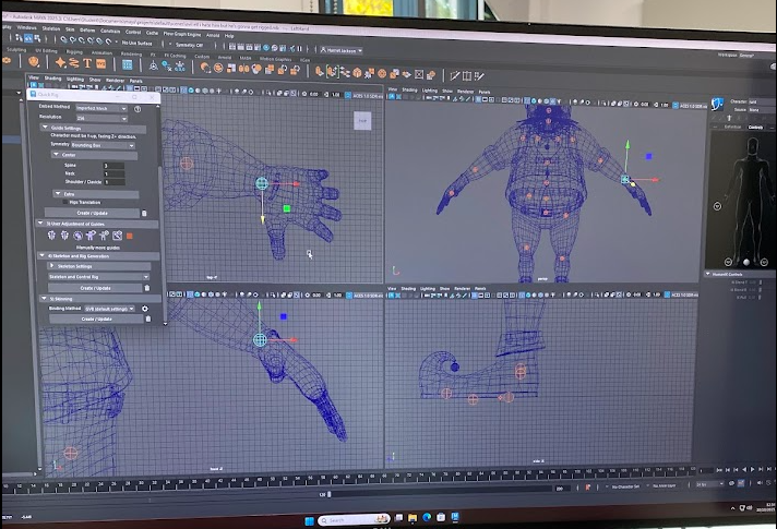 Computer screen displaying 3D character modeling software with a wireframe of a humanoid character in multiple views.