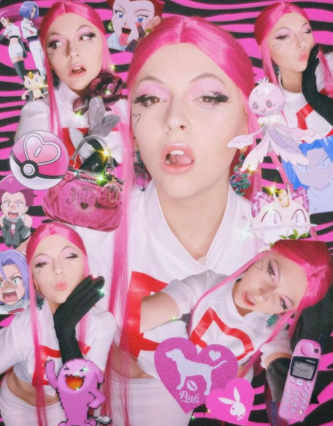 A collage with multiple photos of a woman with bright pink hair making various facial expressions, surrounded by animated characters and gaming icons, against a pink and black striped background.