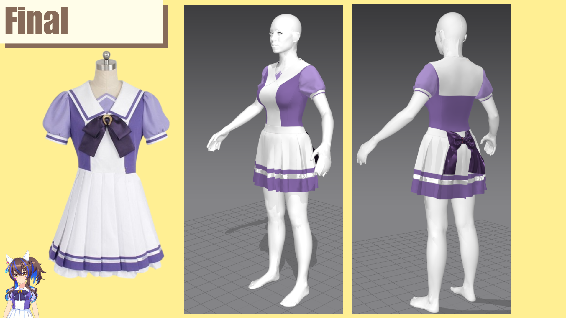 Digital 3D renderings of a character wearing a purple and white sailor-style dress from front and back views, with a purple bow on the chest and a ribbon on the back, displayed on a mannequin and a female figure. The background features a yellow pane