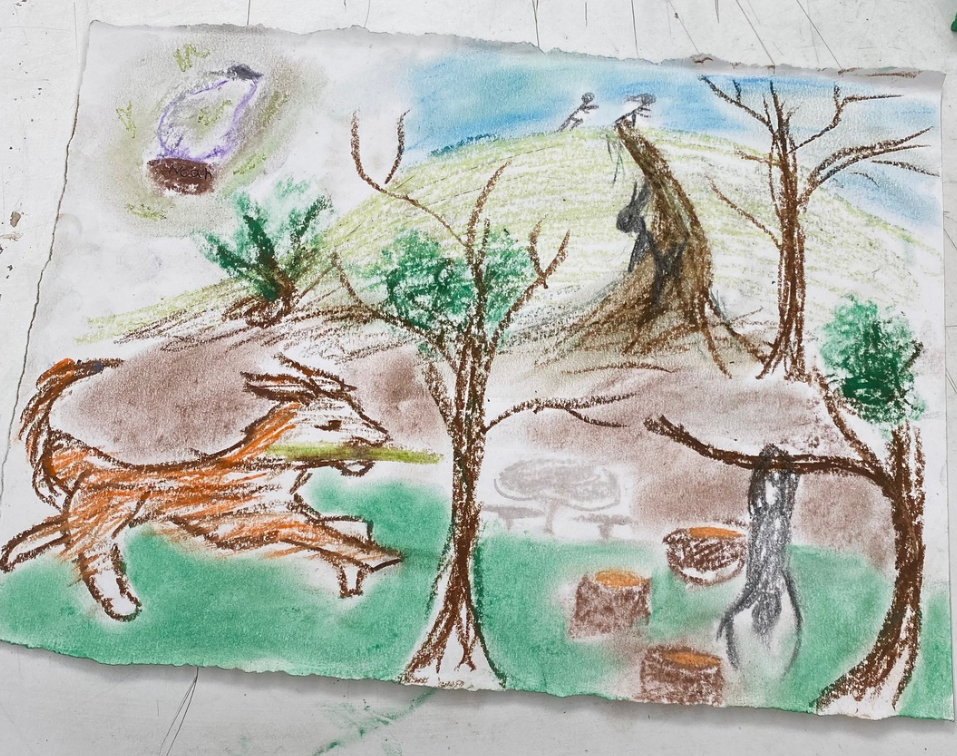 A colorful child's drawing of a natural landscape with trees, a fox, a pond, and the sky.