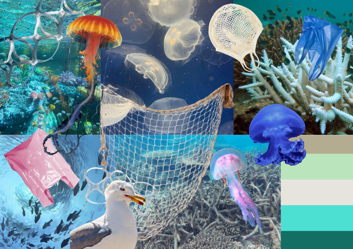 Collage of underwater ocean scenes with jellyfish, coral, marine animals, and plastic pollution such as bags and nets.