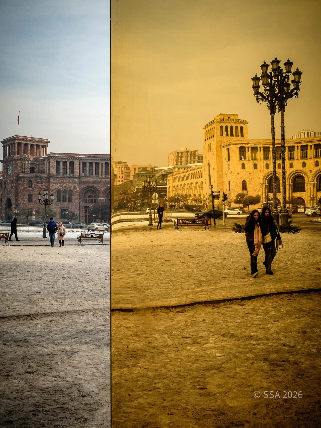 A split-view photograph showing a city square, with the left side in natural daylight and the right side with a golden hue. In the background, historic buildings are visible, along with street lamps and parked cars. People are walking in the square, 