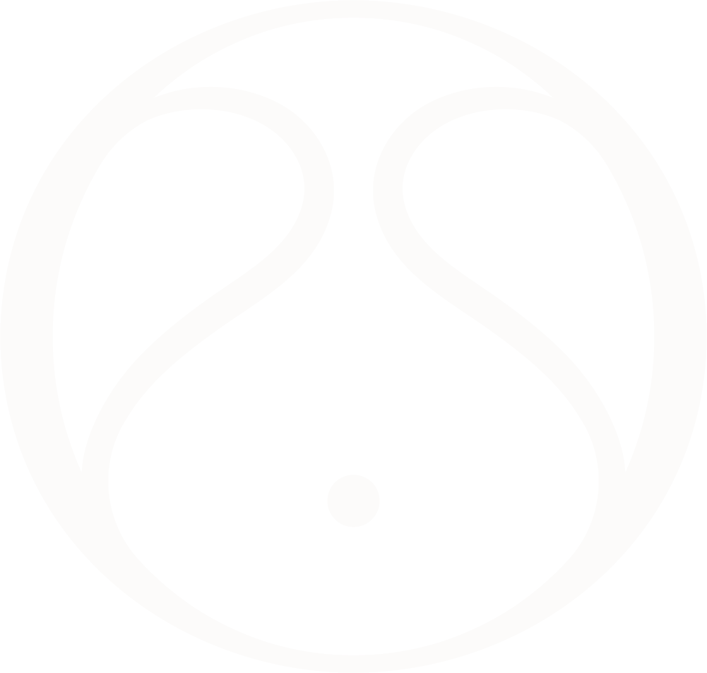 A black and white logo with a circular design featuring two stylized animal paw prints facing each other and a small dot below.
