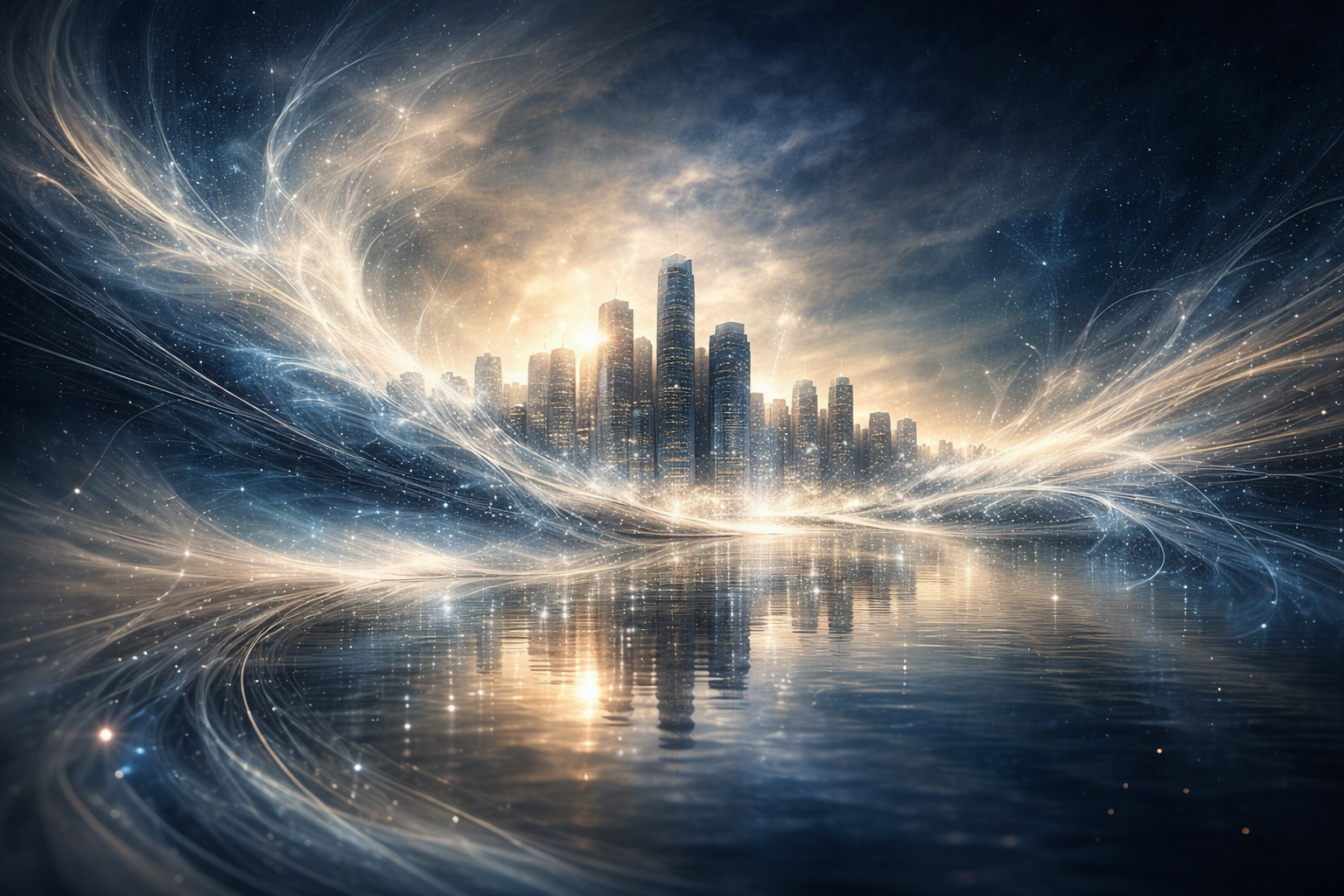 Futuristic city skyline with tall buildings at sunset, surrounded by swirling light trails and reflections on water.