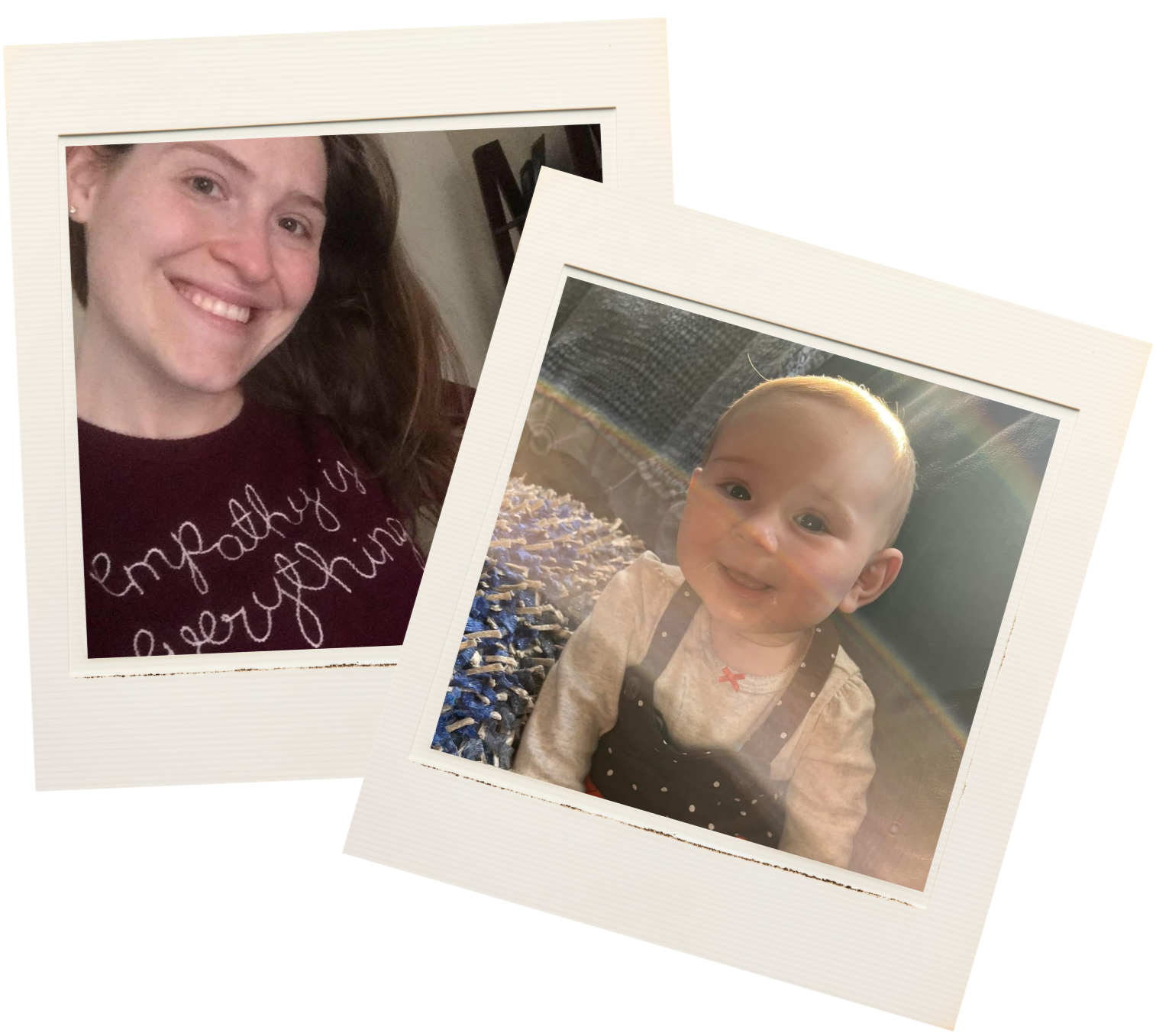 Jenny Paul Rothschild wearing a sweater that says empathy is everything and a photo of her daughter.