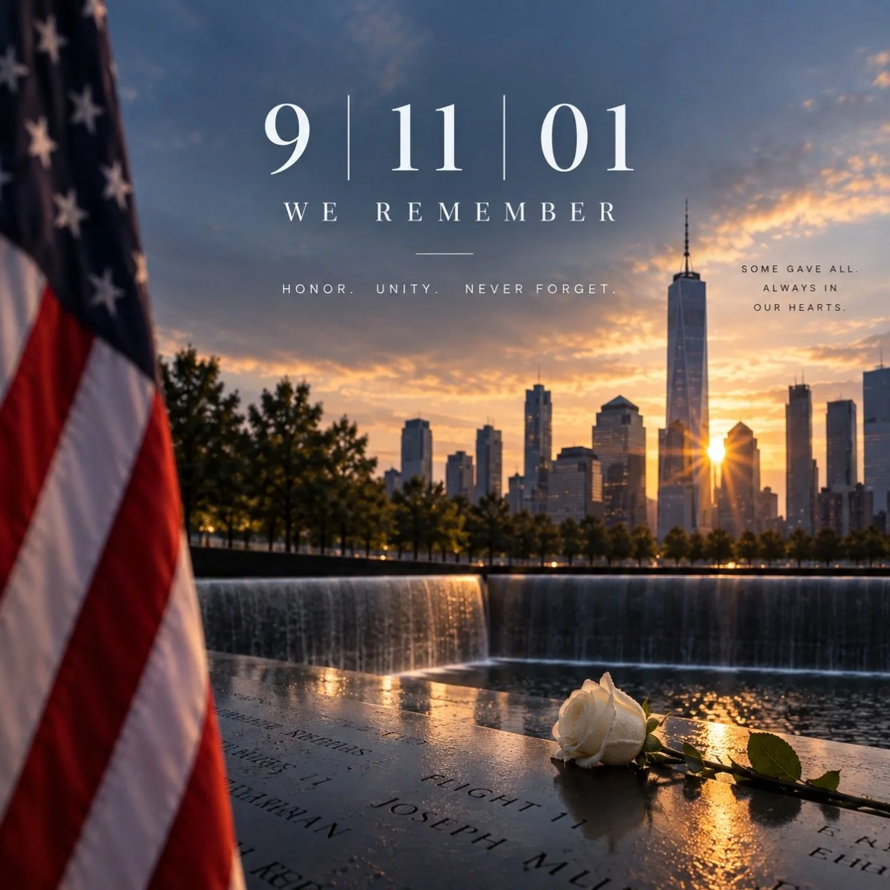 Today, we remember and honor the lives lost on September 11, 2001, the heroes who answered the call, and the families forever impacted.

May we never forget the courage, sacrifice, and unity shown on that day and in the days that followed.

We rememb