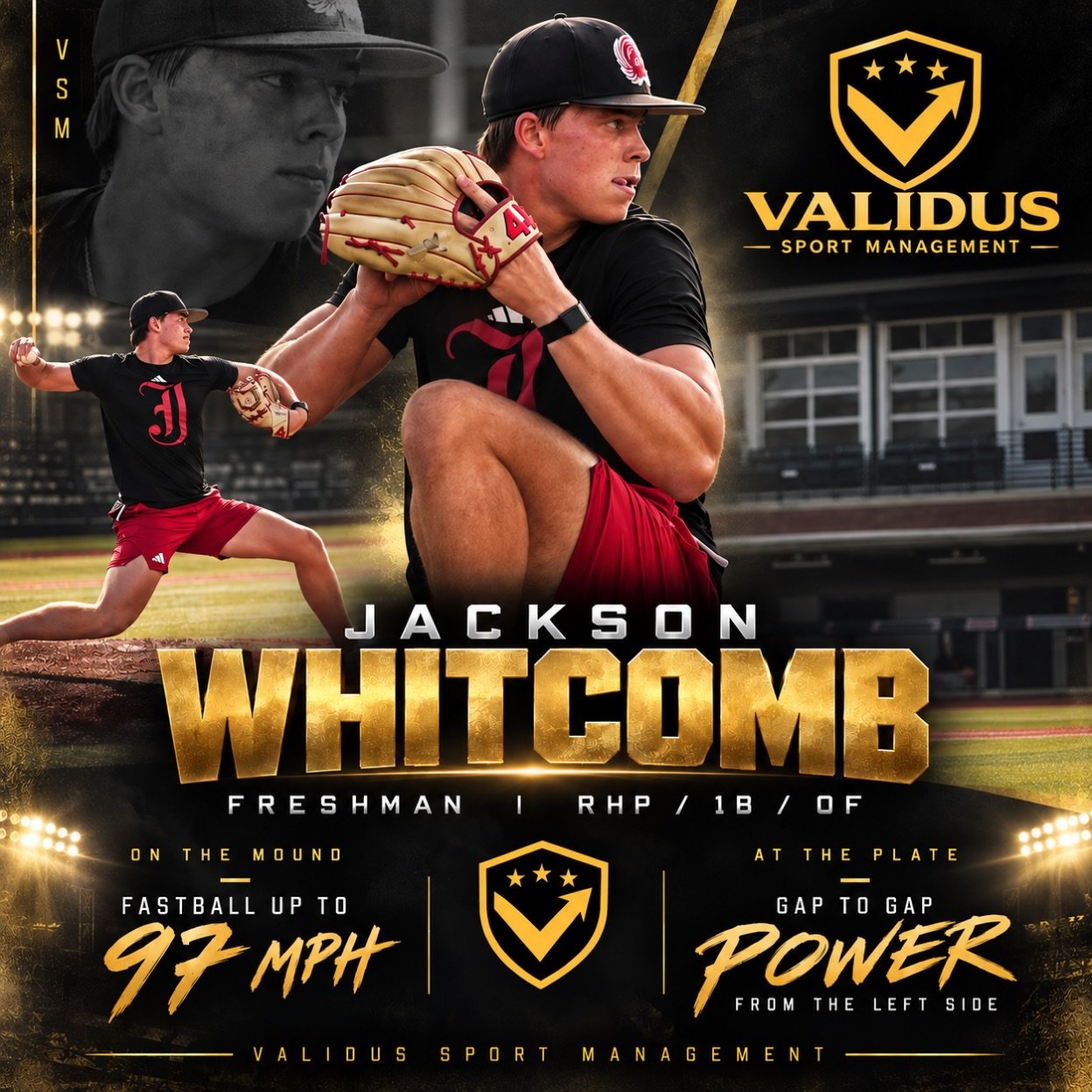 WELCOME TO VSM, JACKSON WHITCOMB.

VSM is proud to welcome Jackson Whitcomb, a 6&rsquo;3&rdquo;, 208-pound freshman two-way standout at Jacksonville State from Meridian, Mississippi.

A left-handed power hitter with the ability to impact the game at 