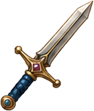 A detailed fantasy sword with a gold and blue handle and a silver blade with a purple gemstone near the hilt.