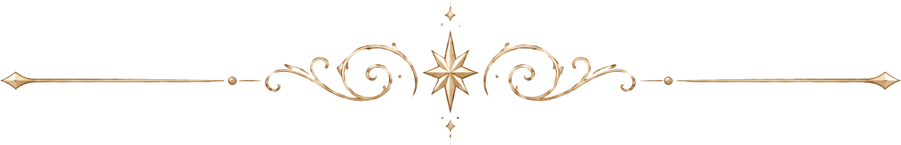 Decorative horizontal line with ornate swirls, star, and arrow details in beige and gold tones.