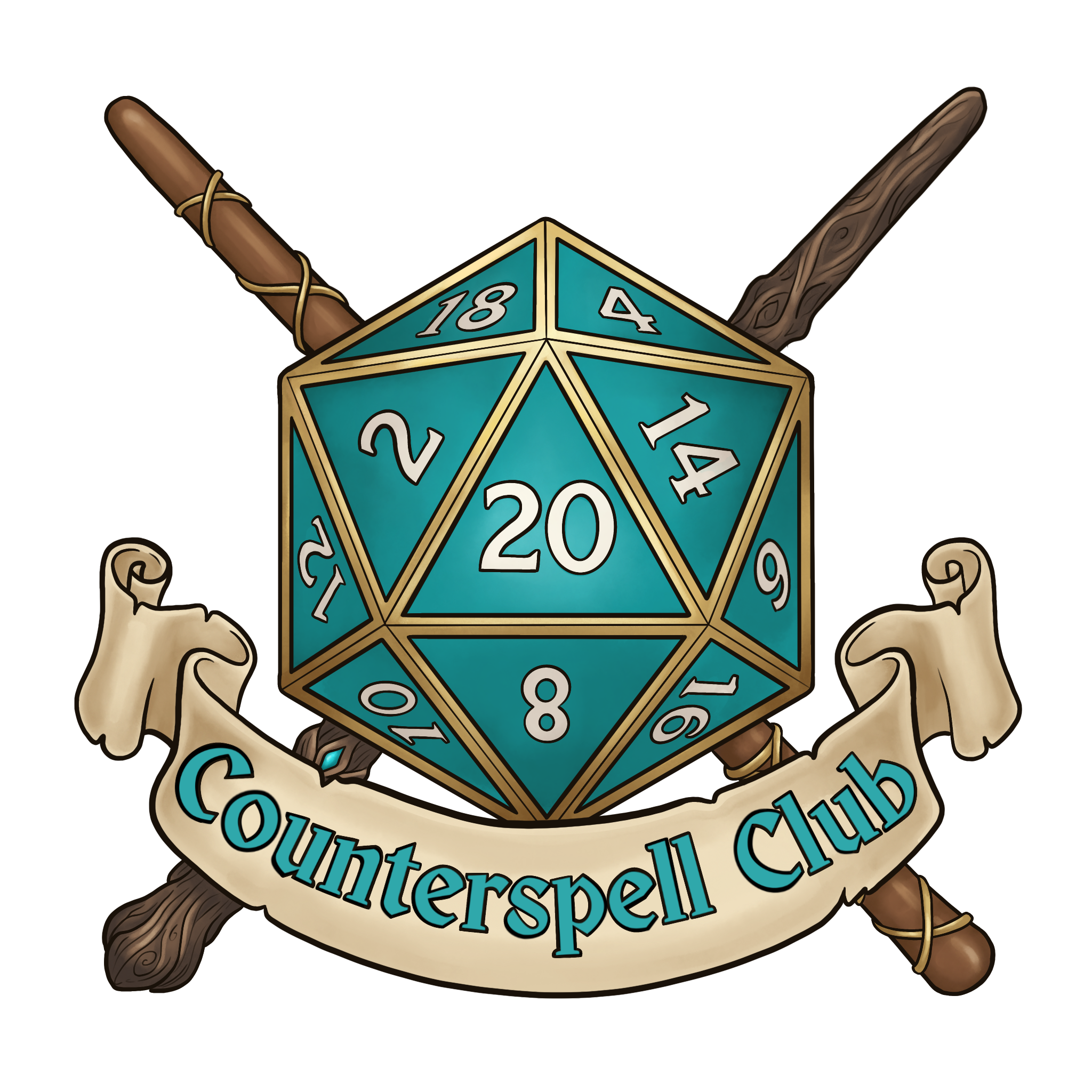 Decorative emblem with two wooden sticks crossed and a ribbon banner reading 'Counterspell'.