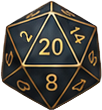 A black 20-sided die with gold numbering, used in tabletop role-playing games.