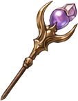 A fantasy wizard staff with a purple gemstone and ornate gold design.
