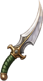 Fantasy-style dagger with a curved blade, gold accents, and a green handle.