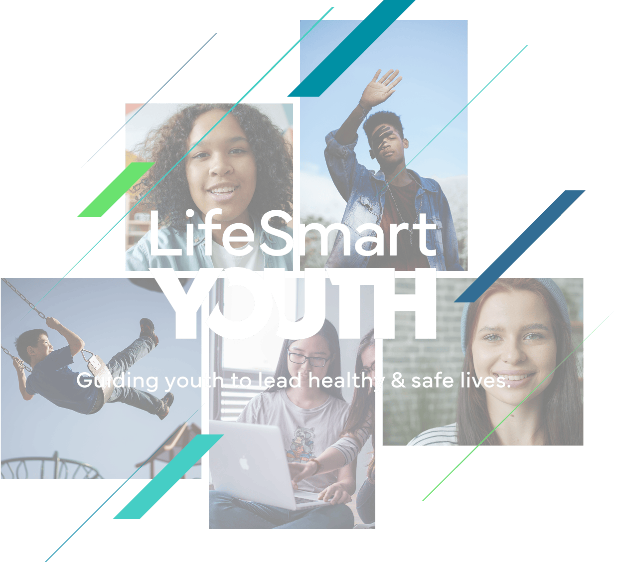 LifeSmart Youth logotipo con eslogan sobre un collage de fotos de jóvenes de diversa procedencia