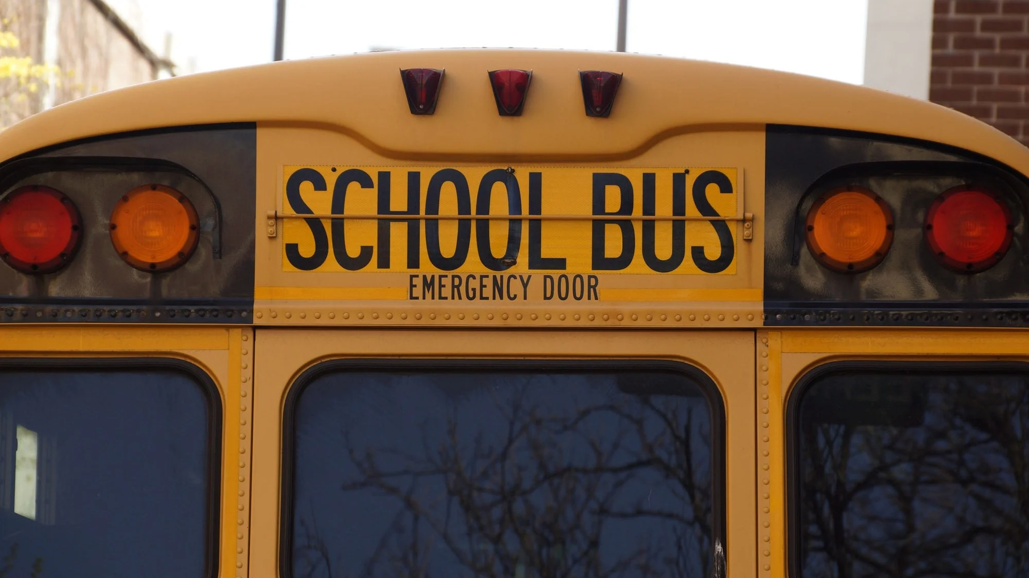 Primer plano de la parte trasera de un autobús escolar amarillo, en el que se ve el letrero «SCHOOL BUS» y una puerta de emergencia. El autobús tiene luces rojas y naranjas, con un edificio de ladrillo y árboles al fondo.