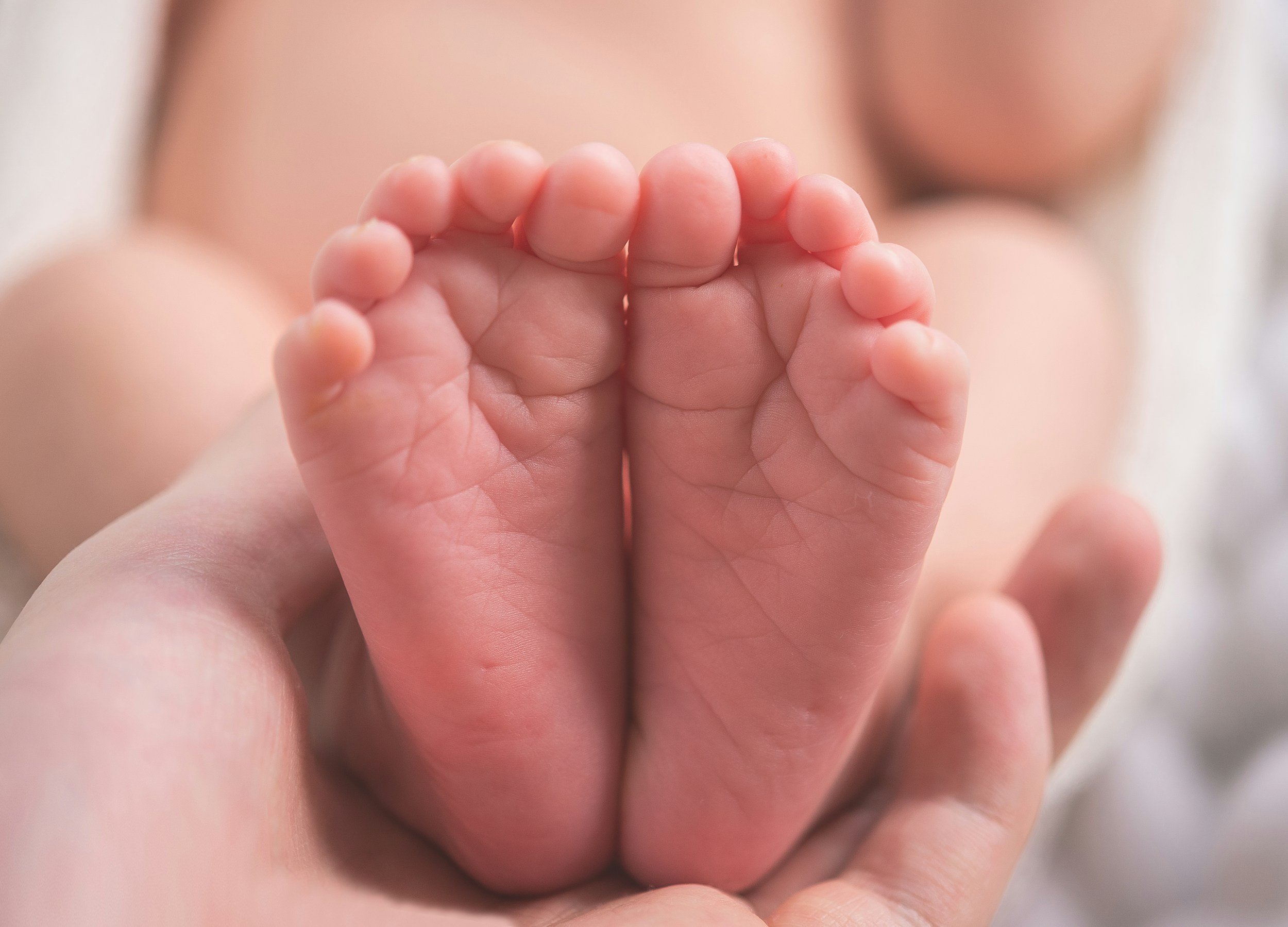 Close-up of a baby's feet being gently held by an adult's hand.