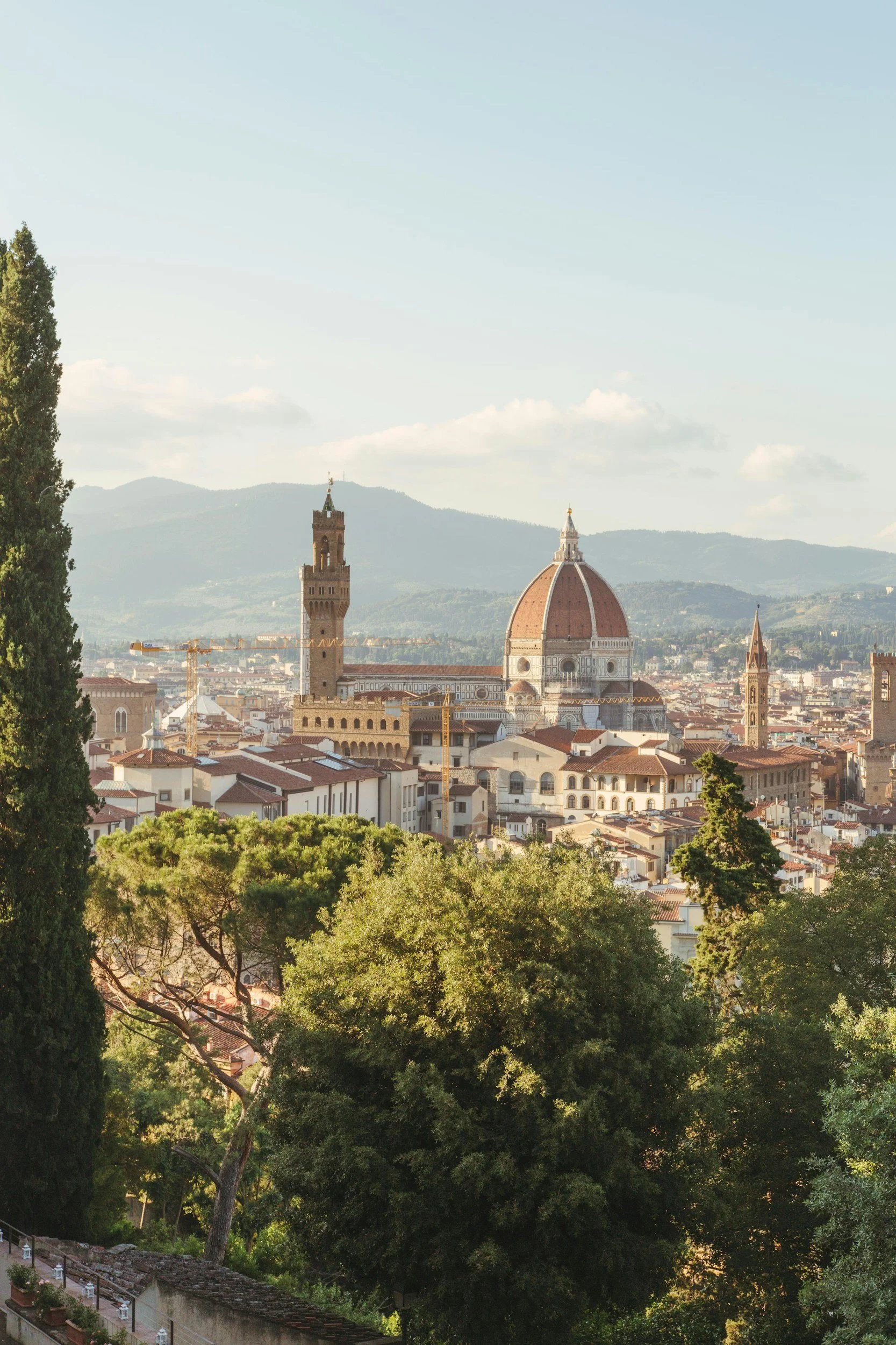 Panoramic view of Florence, Italy with the Florence Cathedral's dome and Palazzo Vecchio's tower, surrounded by green trees and buildings, with mountains in the background under a partly cloudy sky.