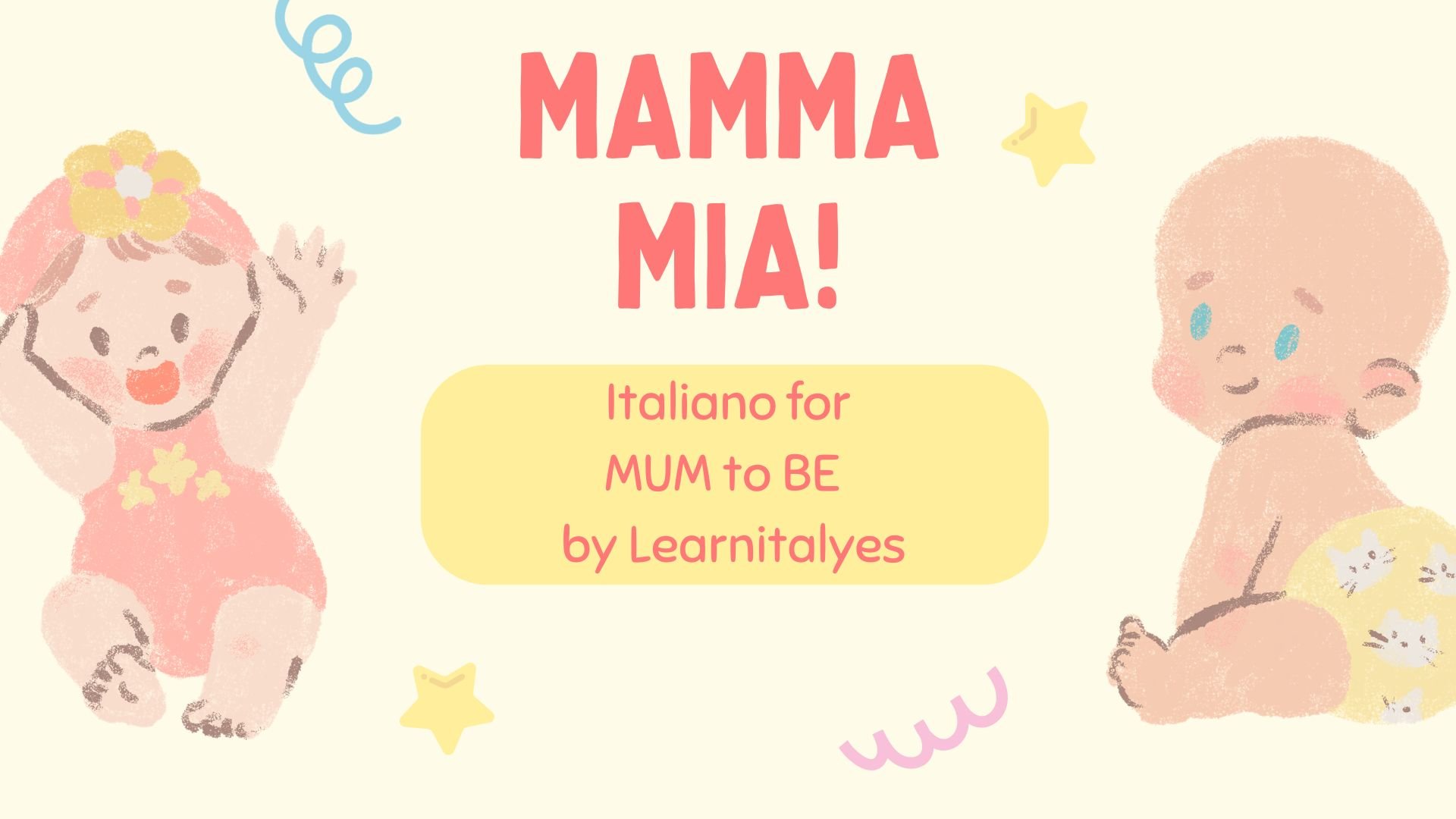 Colorful digital illustration promoting an Italian language learning resource for children, featuring cartoon characters of a girl and boy with cheerful expressions and playful background elements.