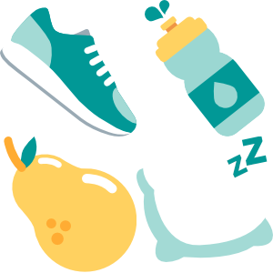 An icon depicting the elements of good self-care: exercise, hydration, diet, and rest.