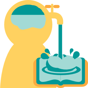 Illustration of thoughts draining out of a brain and into a book.