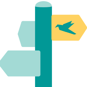 Cartoon of a signpost pointing to the Yipiyap logo.