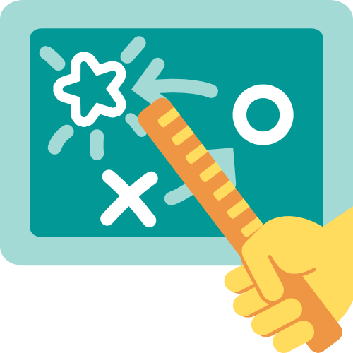 A cartoon of a blackboard. A hand with a ruler points to an outlined plan for success.