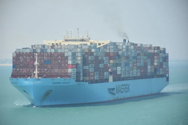 A heavily laden cargo ship.