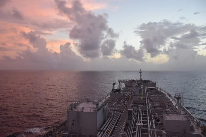 The prow of the Aamira at sunset.