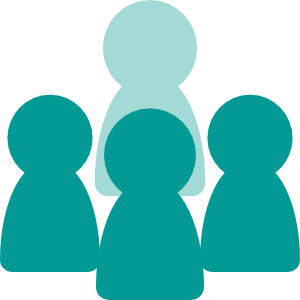 Clip art style icon representing small group tuition - a tutor with three learners.