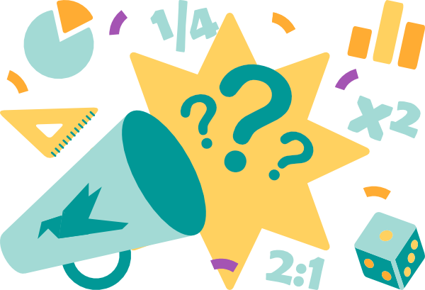 A cartoon of a loudhailer announcing a quiz, surrounded by maths symbols and icons.