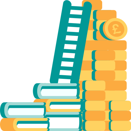 An illustration representing the power of education to boost social mobility. A ladder is helped to reach the top of a stack of gold coins by a pile of books at its base.