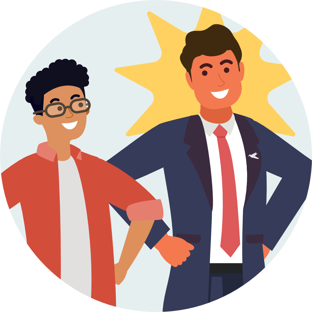 A cartoon illustration of a Yipiyap peer tutor inspiring a young student.