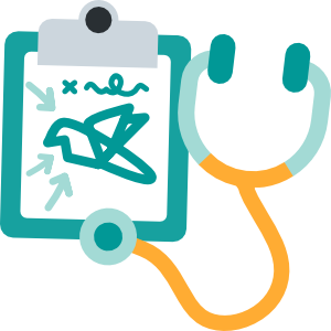 Cartoon of a stethoscope and a prescription pad with the Yipiyap logo drawn on it.