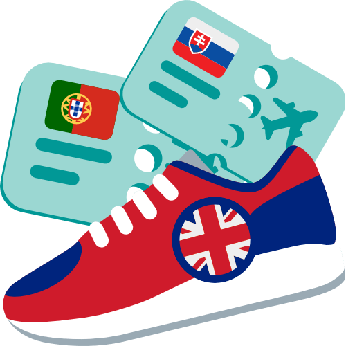 A cartoon of a Team GB athletics shoe with plane tickets to Portugal and Slovakia.