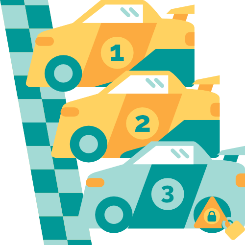 Simple cartoon illustration representing inequality of opportunity. Three racing cars at the starting line, one with a clamp on its wheel.
