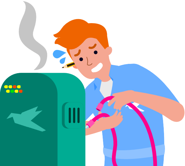 Cartoon of a technician struggling with a server unit.