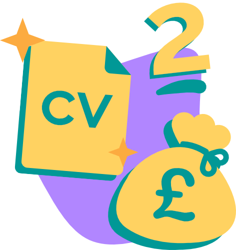 Cartoon of a sparkling gold CV and a bag of money