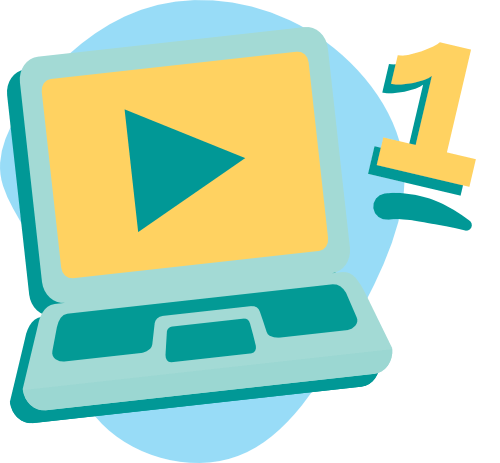 Cartoon of a laptop with a video play button.