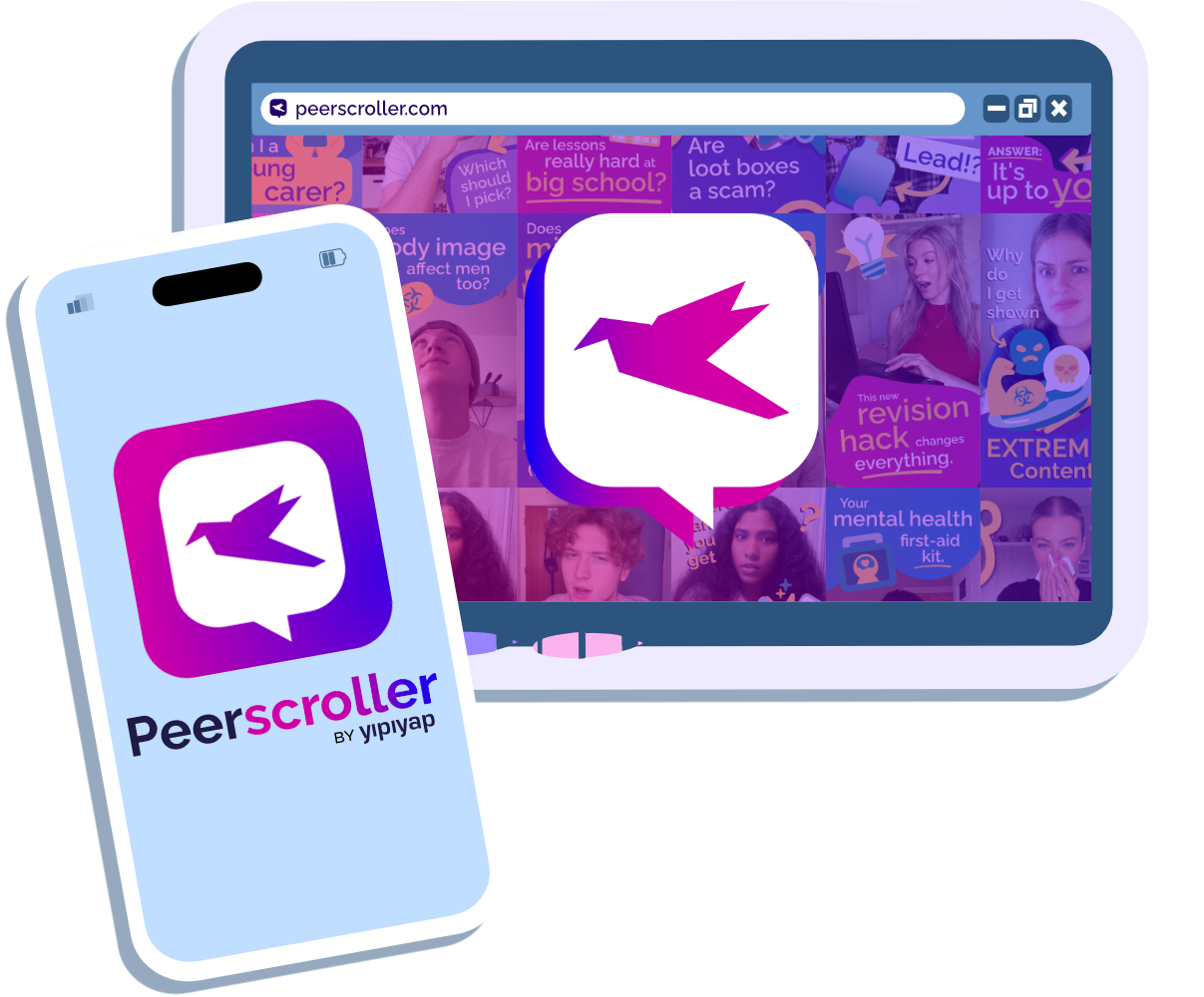 A phone and interactive whiteboard displaying the Peerscroller logo.