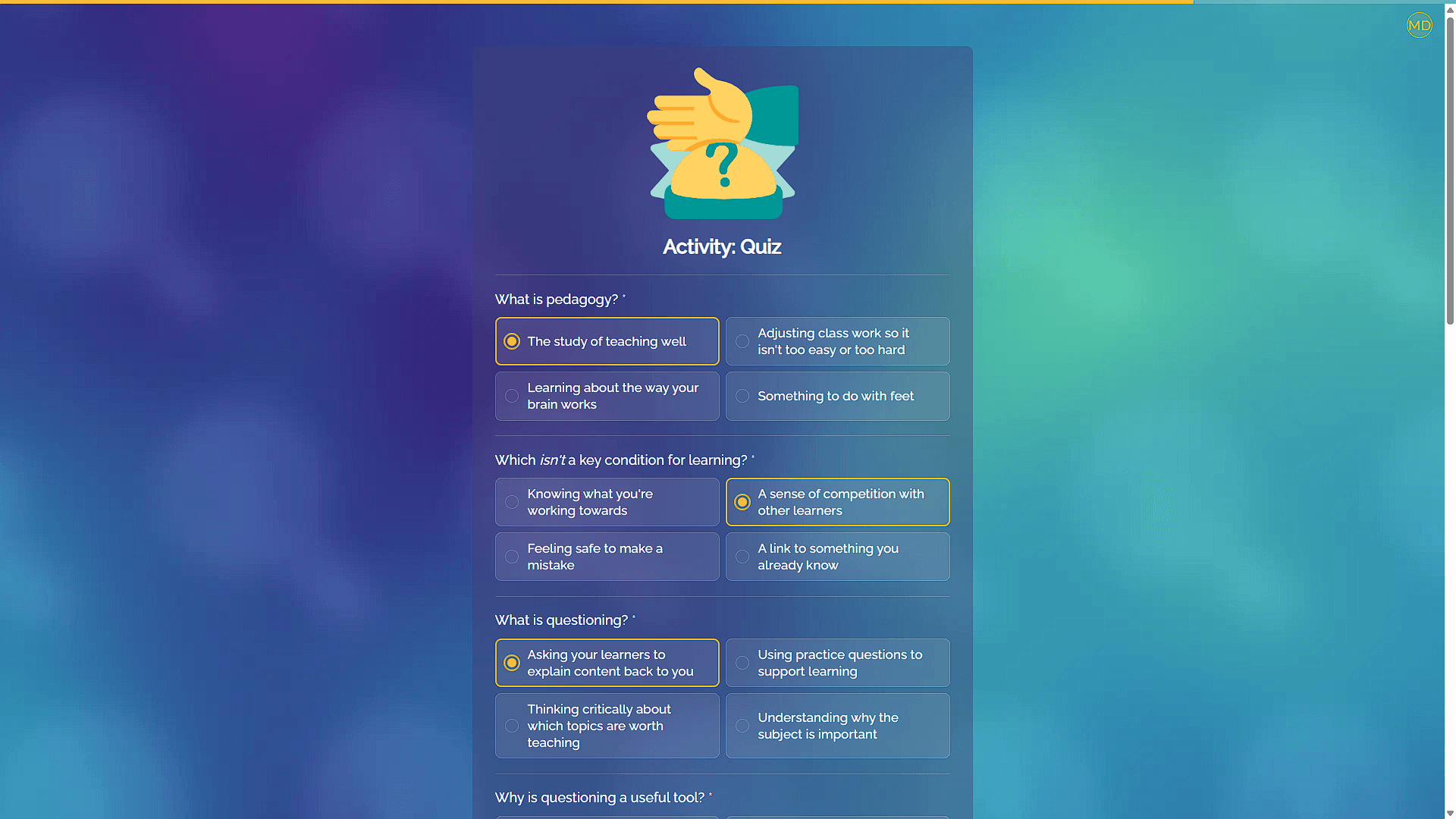 Modules 2, 3, and 4 end with a quiz, to test participants' knowledge and reinforce learning.