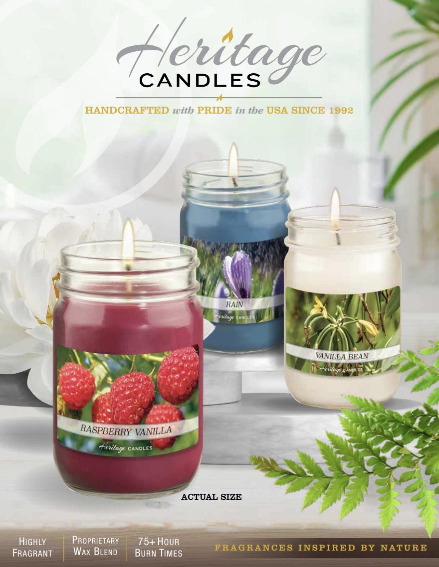 Three handcrafted scented candles labeled Raspberry Vanilla, Rain, and Vanilla Bean in glass jars with flames, surrounded by greenery and flowers.