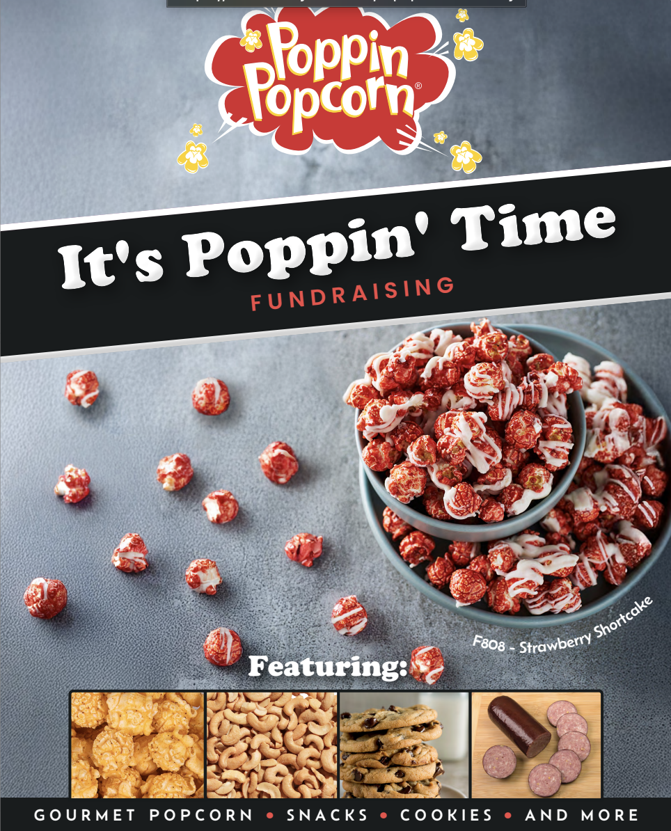 Promotional poster for a fundraising event by Poppin Popcorn featuring strawberry shortcake popcorn, additional snack options, and a variety of popcorn flavors.