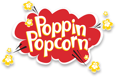 Colorful logo with the words "Poppin Popcorn" surrounded by yellow popcorn illustrations.
