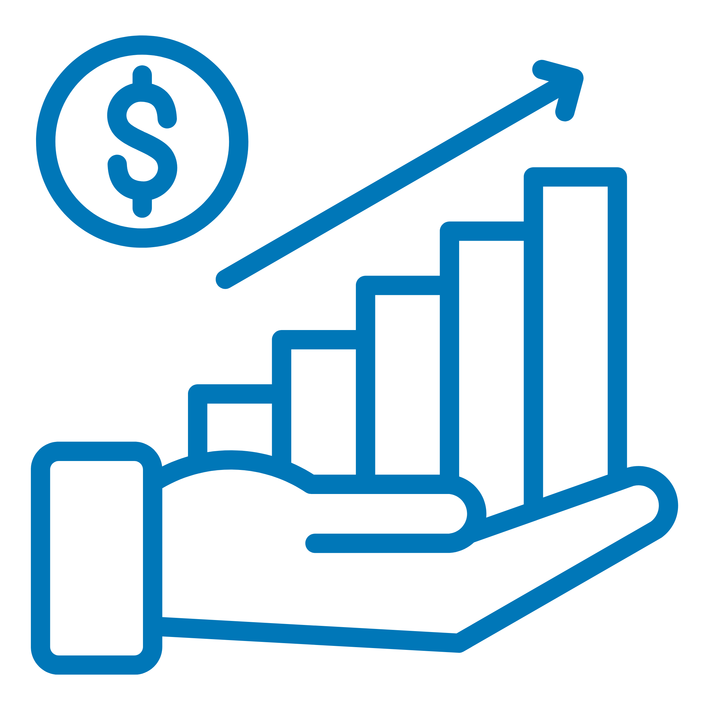 A blue outlined illustration of a dollar sign inside a circle, an upward trending arrow, a bar graph with three vertical bars, and a roll of duct tape.